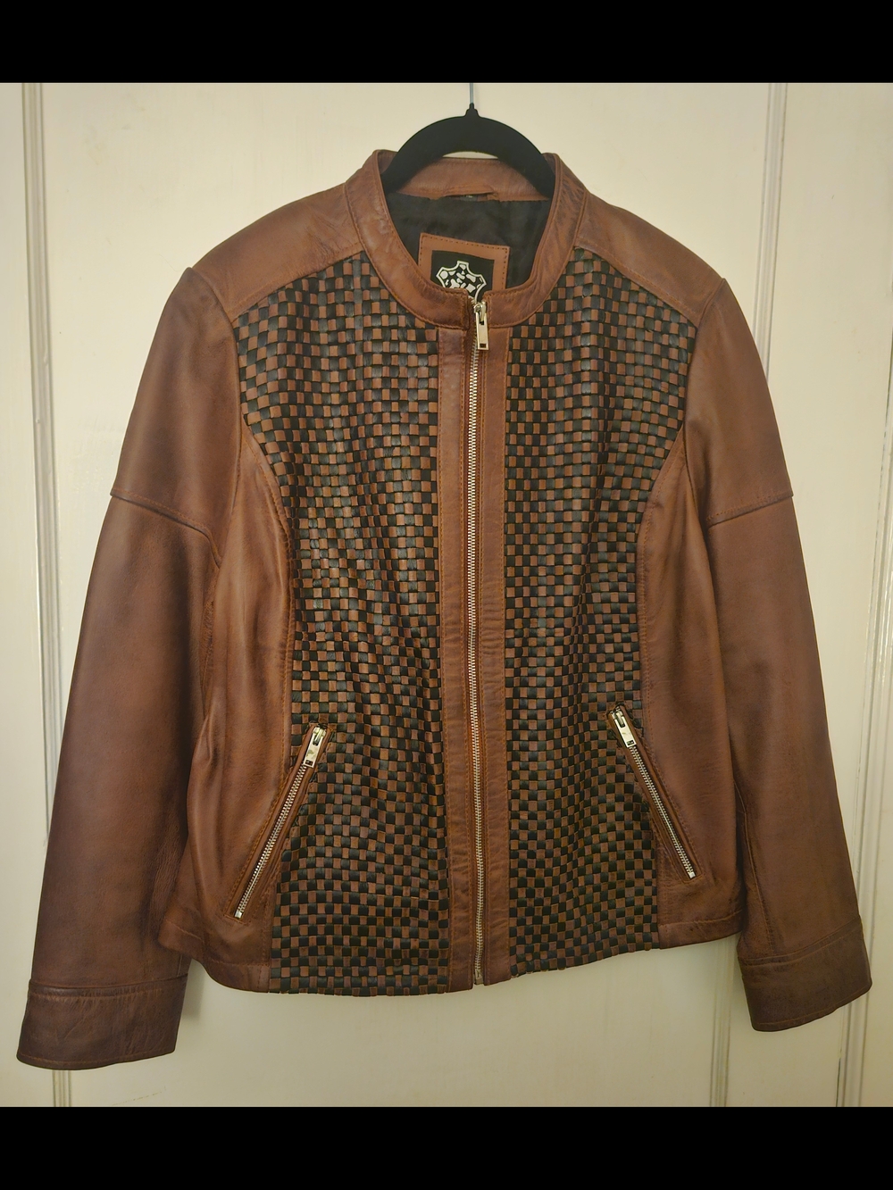 Real Leather Woven Front Brown & Black Jacket - Women's Casual Moto Style